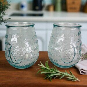WINE VINO Embossed Grapes Word Green Tint Stemless Large 24oz Wine Glasses Set 2